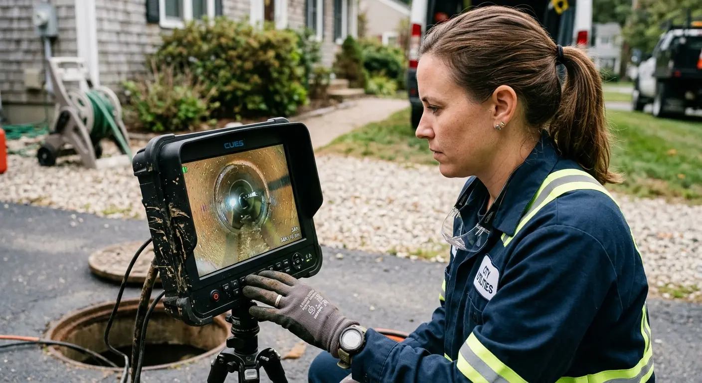 Technician reviewing sewer camera inspection footage in Kingfisher
