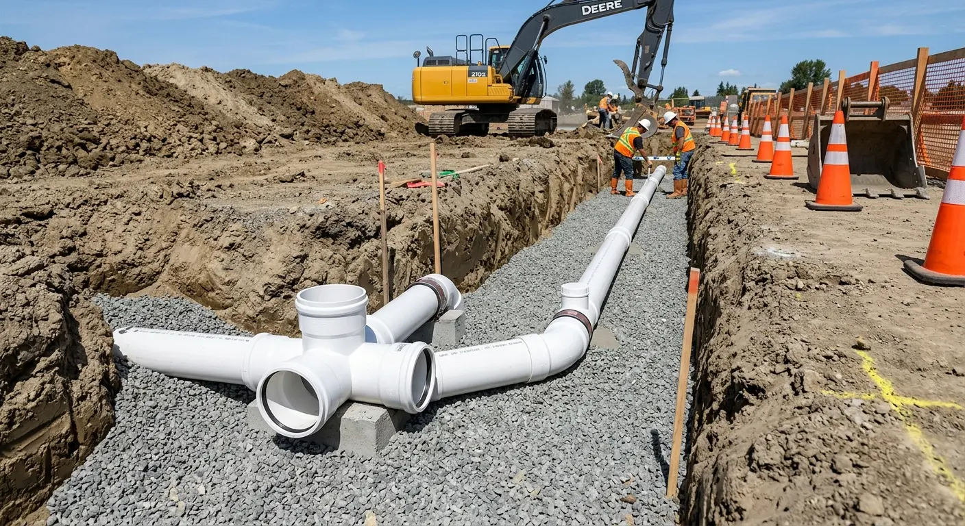 New PVC sewer pipe installation in open trench for Sewer Backup in Kingfisher